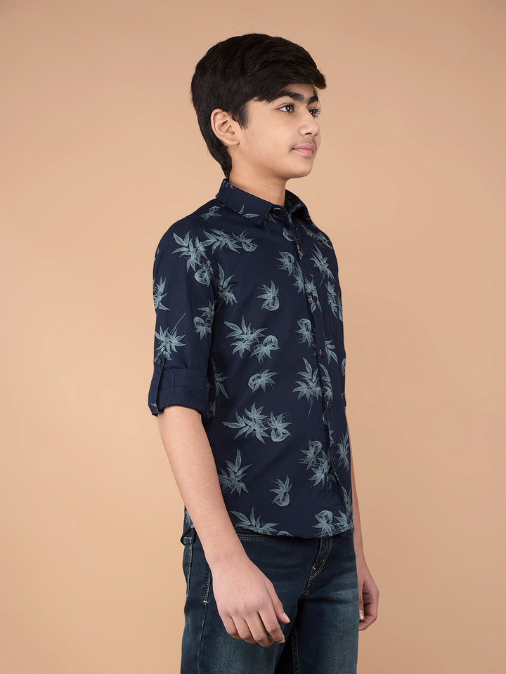 Navy Blue Floral Print 100% Cotton Shirt-Boys Shirts-Crimsoune Club