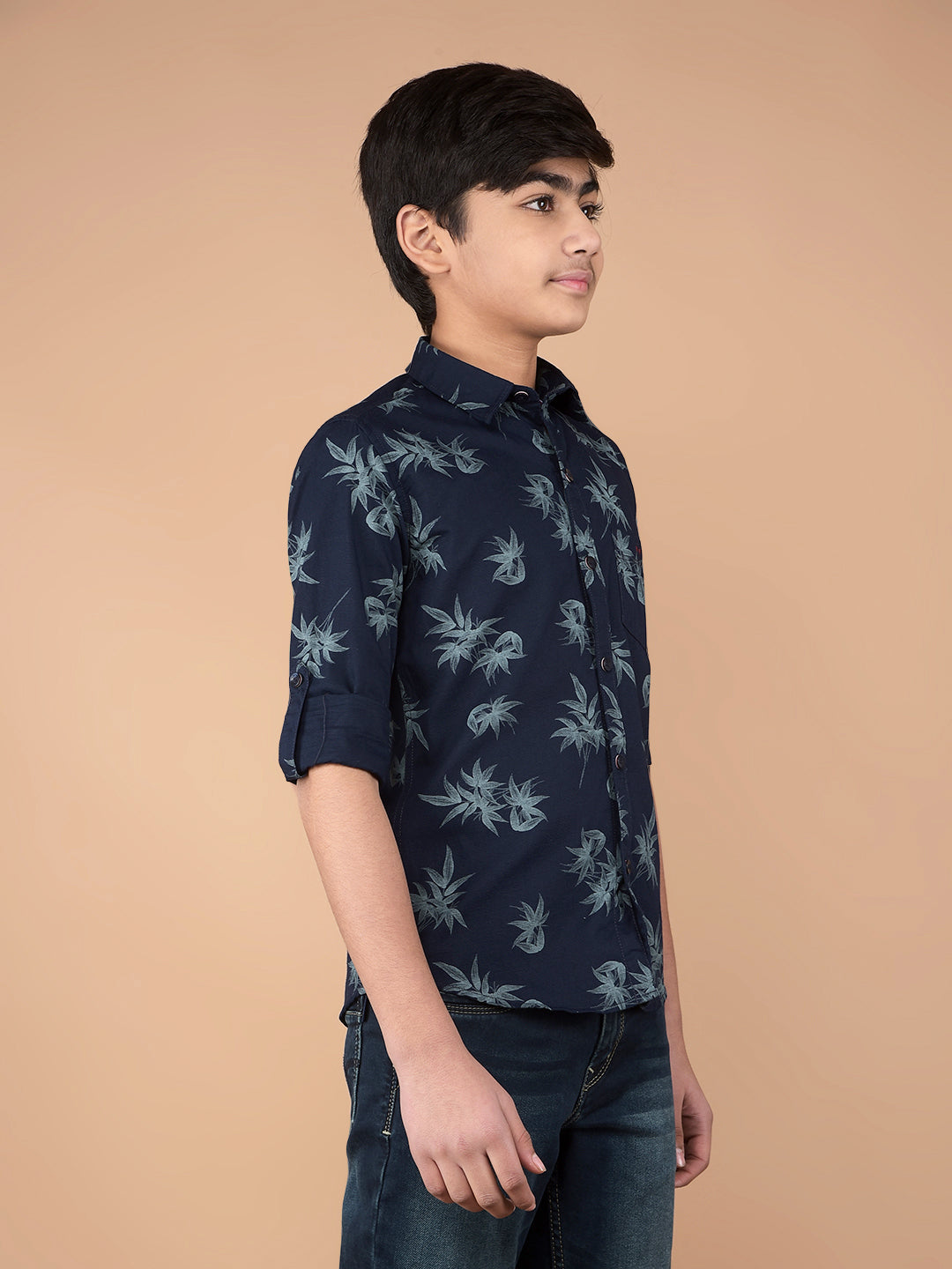 Navy Blue Floral Print 100% Cotton Shirt-Boys Shirts-Crimsoune Club