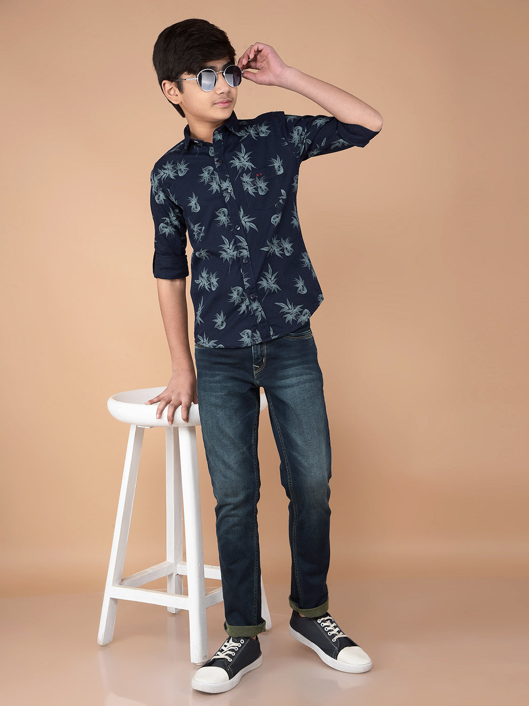 Navy Blue Floral Print 100% Cotton Shirt-Boys Shirts-Crimsoune Club