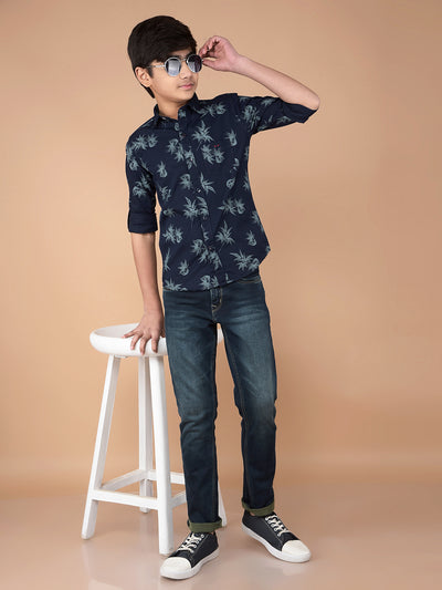 Navy Blue Floral Print 100% Cotton Shirt-Boys Shirts-Crimsoune Club