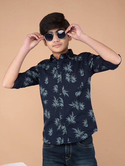 Navy Blue Floral Print 100% Cotton Shirt-Boys Shirts-Crimsoune Club