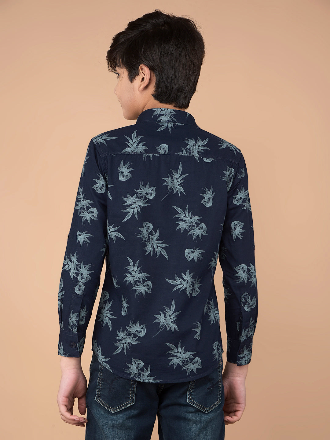 Navy Blue Floral Print 100% Cotton Shirt-Boys Shirts-Crimsoune Club
