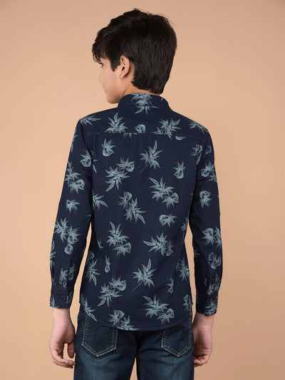 Navy Blue Floral Print 100% Cotton Shirt-Boys Shirts-Crimsoune Club