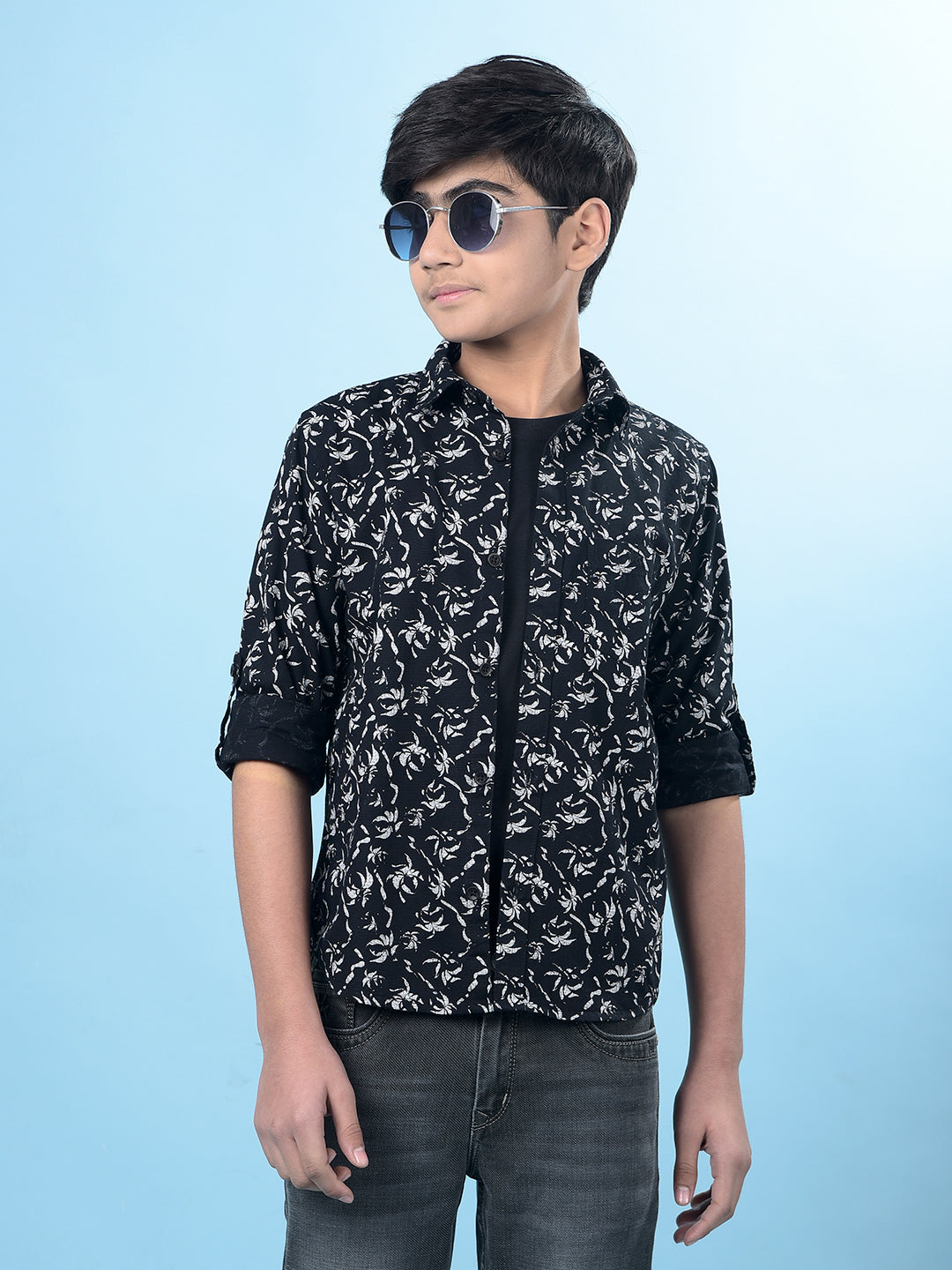 Black Floral Print Button-Down Collar Shirt-Boys Shirts-Crimsoune Club