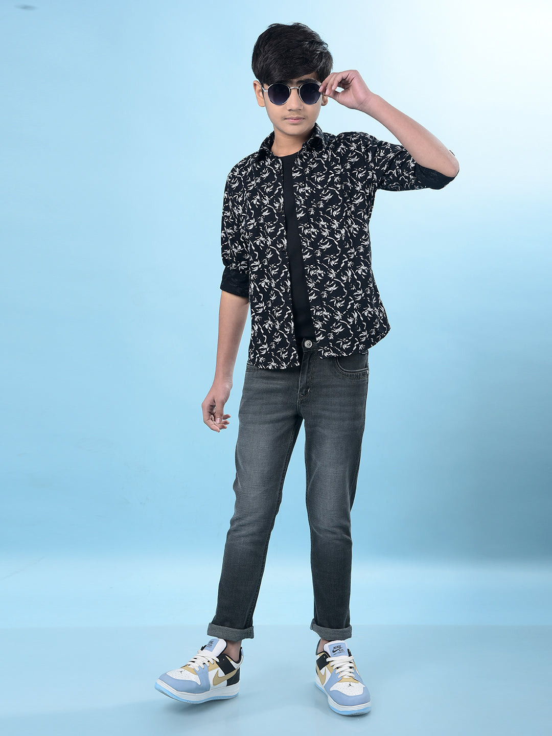 Black Floral Print Button-Down Collar Shirt-Boys Shirts-Crimsoune Club