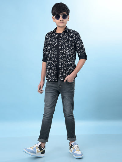 Black Floral Print Button-Down Collar Shirt-Boys Shirts-Crimsoune Club