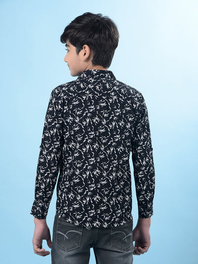 Black Floral Print Button-Down Collar Shirt-Boys Shirts-Crimsoune Club