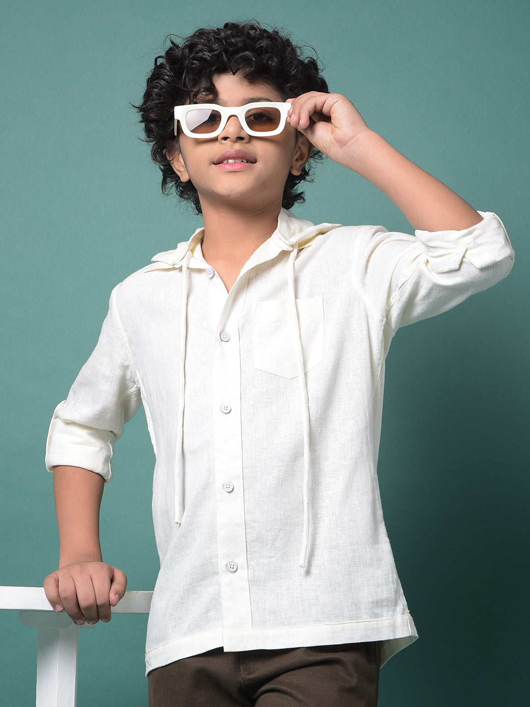 White Hooded Neck Linen Shirt-Boys Shirts-Crimsoune Club