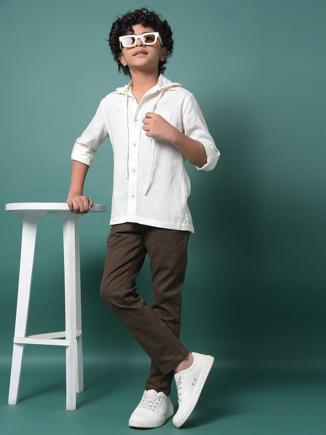 White Hooded Neck Linen Shirt-Boys Shirts-Crimsoune Club