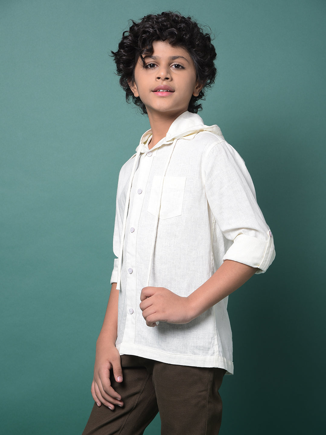 White Hooded Neck Linen Shirt-Boys Shirts-Crimsoune Club