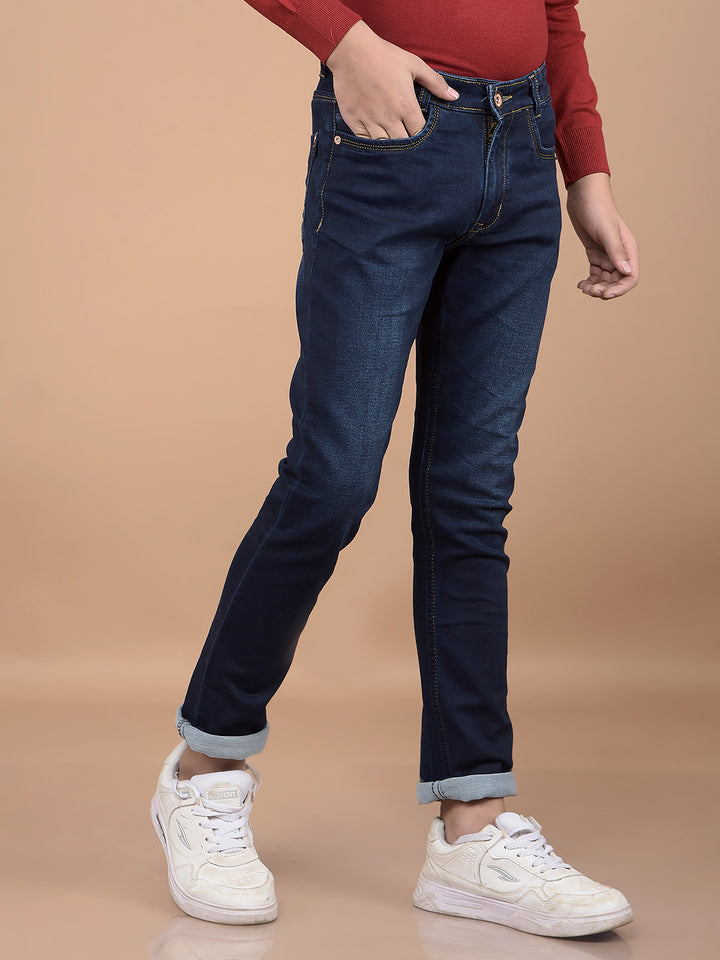 Navy Blue Heavy Washed Jeans-Boys Jeans-Crimsoune Club