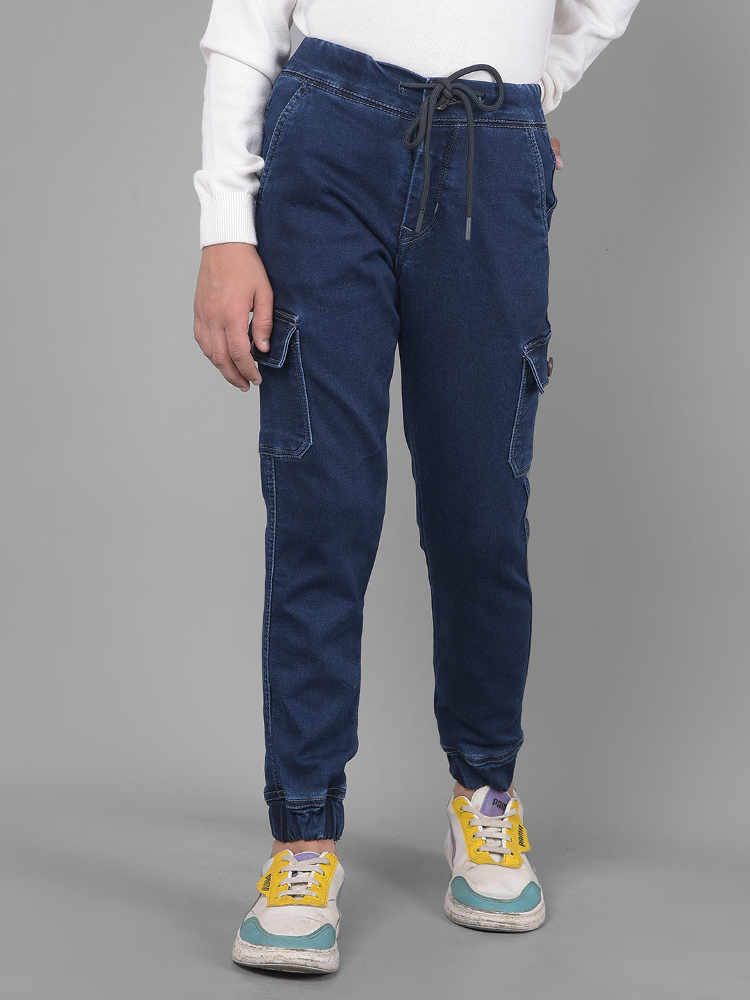 Navy Blue Denim Cargo Joggers-Boys Joggers-Crimsoune Club