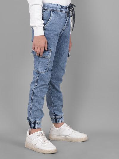 Blue Denim Cargo Joggers-Boys Joggers-Crimsoune Club