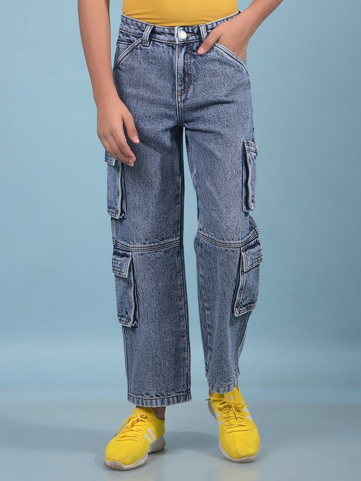 Blue 100% Cotton Cargo Jeans-Boys Jeans-Crimsoune Club