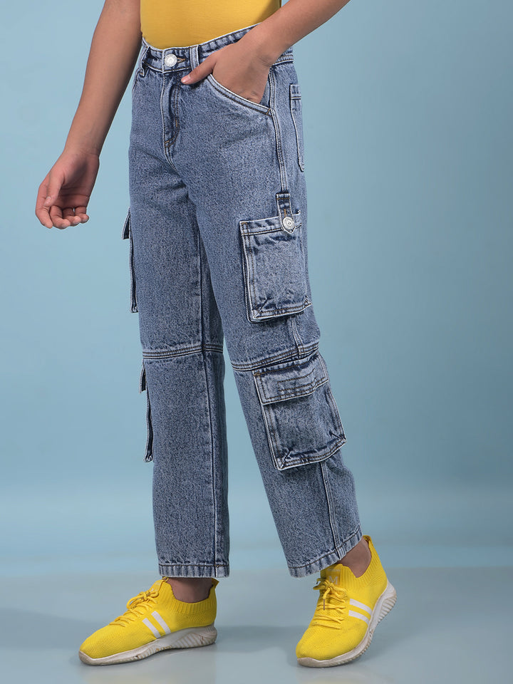 Blue 100% Cotton Cargo Jeans-Boys Jeans-Crimsoune Club