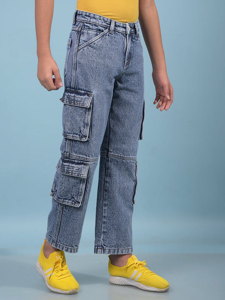 Blue 100% Cotton Cargo Jeans-Boys Jeans-Crimsoune Club