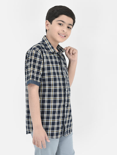 Navy Blue Tartan Check 100% Cotton Shirt-Boys Shirts-Crimsoune Club