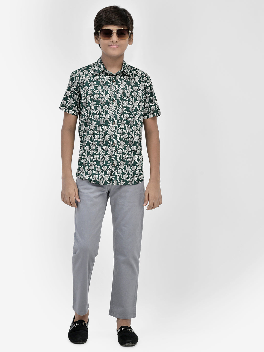 Floral Print Green Shirt-Boys Shirts-Crimsoune Club