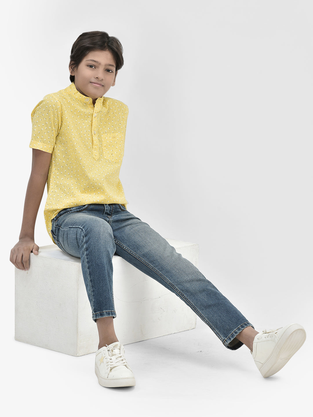Floral Print Yellow Kurta-Boys Kurtas-Crimsoune Club