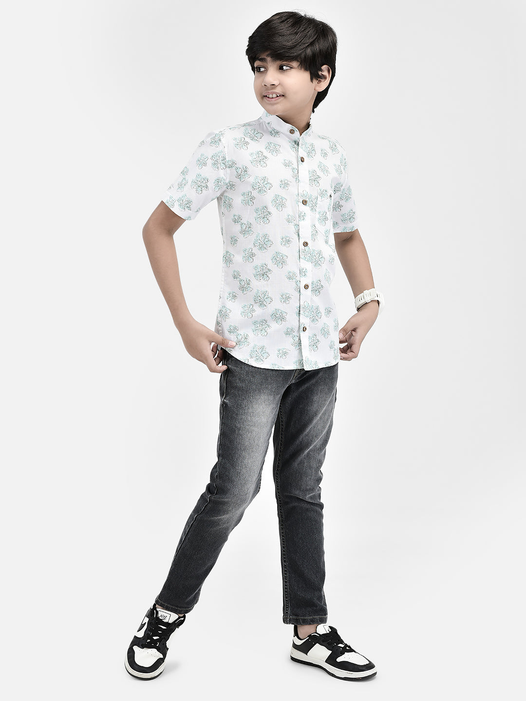 Floral Print Green Shirt-Boys Shirts-Crimsoune Club