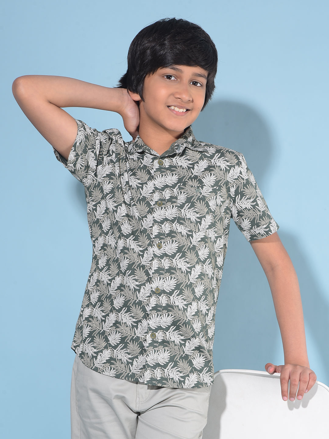 Olive Floral Print 100% Cotton Shirt-Boys Shirts-Crimsoune Club
