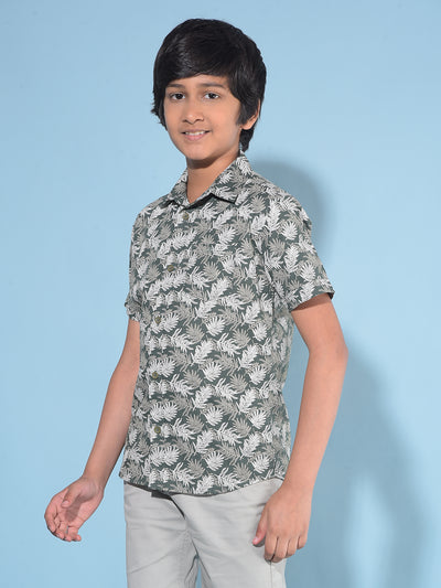 Olive Floral Print 100% Cotton Shirt-Boys Shirts-Crimsoune Club