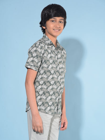 Olive Floral Print 100% Cotton Shirt-Boys Shirts-Crimsoune Club