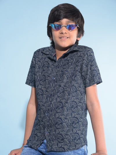 Navy Blue Printed 100% Cotton Shirt-Boys Shirts-Crimsoune Club