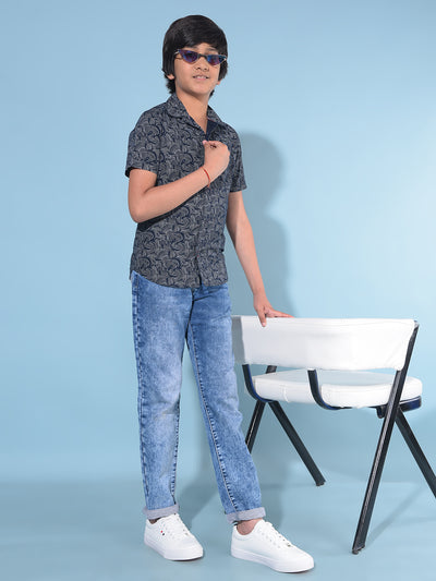 Navy Blue Printed 100% Cotton Shirt-Boys Shirts-Crimsoune Club