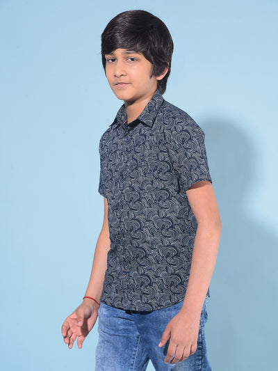 Navy Blue Printed 100% Cotton Shirt-Boys Shirts-Crimsoune Club