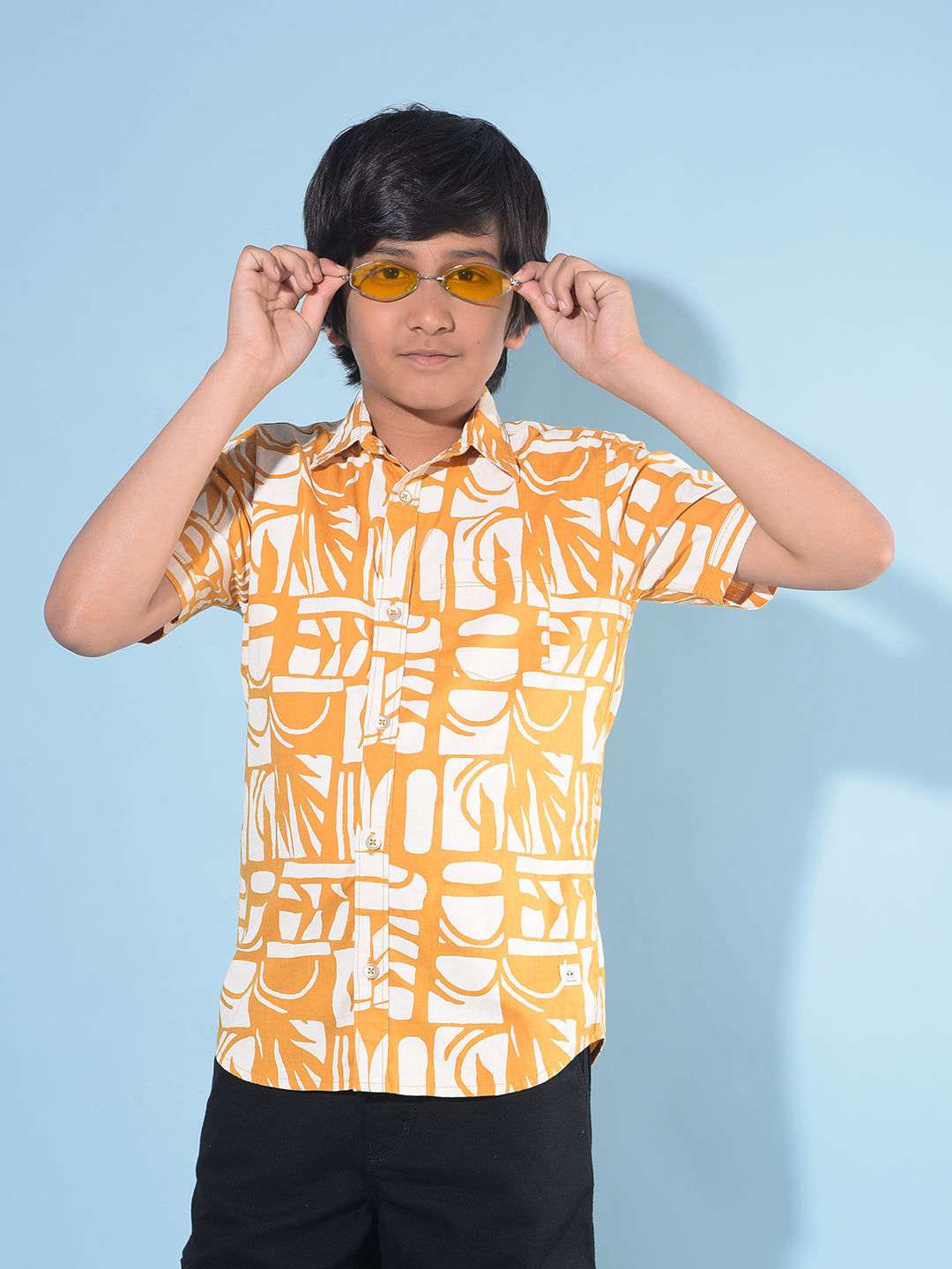 Mustard Printed 100% Cotton Shirt-Boys Shirts-Crimsoune Club