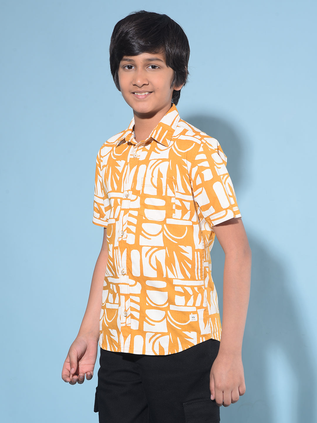 Mustard Printed 100% Cotton Shirt-Boys Shirts-Crimsoune Club