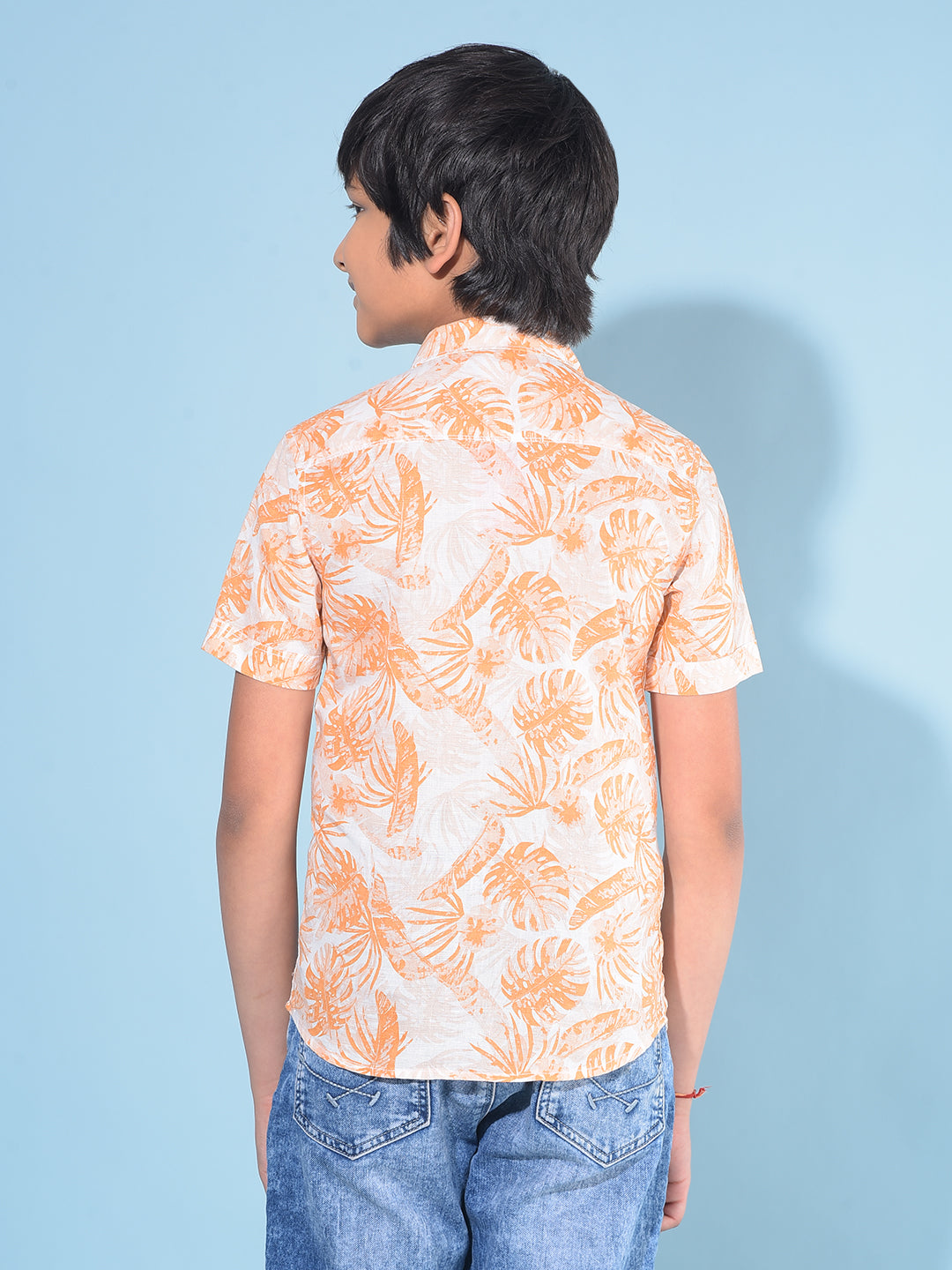 Orange Floral Print Linen Shirt-Boys Shirts-Crimsoune Club