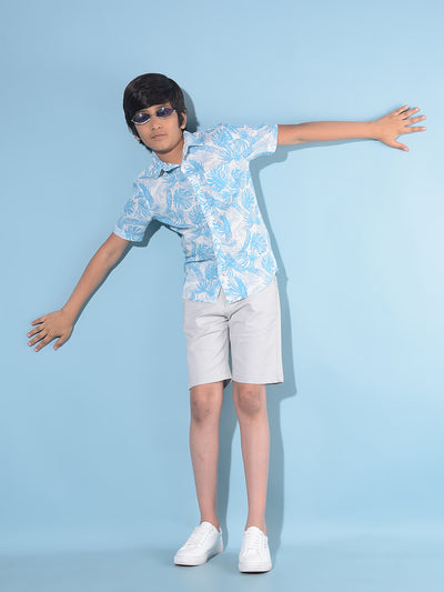 Blue Floral Print Linen Shirt-Boys Shirts-Crimsoune Club