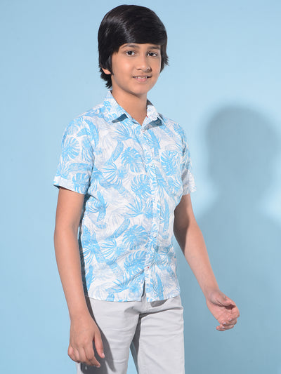 Blue Floral Print Linen Shirt-Boys Shirts-Crimsoune Club