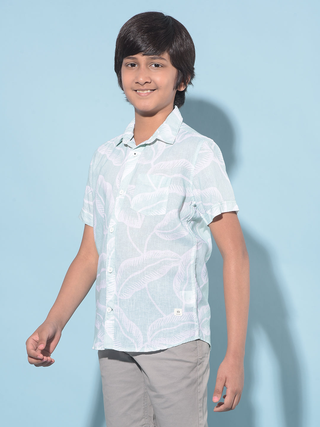 Green Floral Print Shirt-Boys Shirts-Crimsoune Club