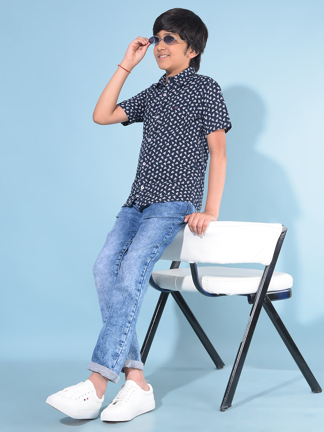 Navy Blue Printed 100% Cotton Shirt-Boys Shirts-Crimsoune Club