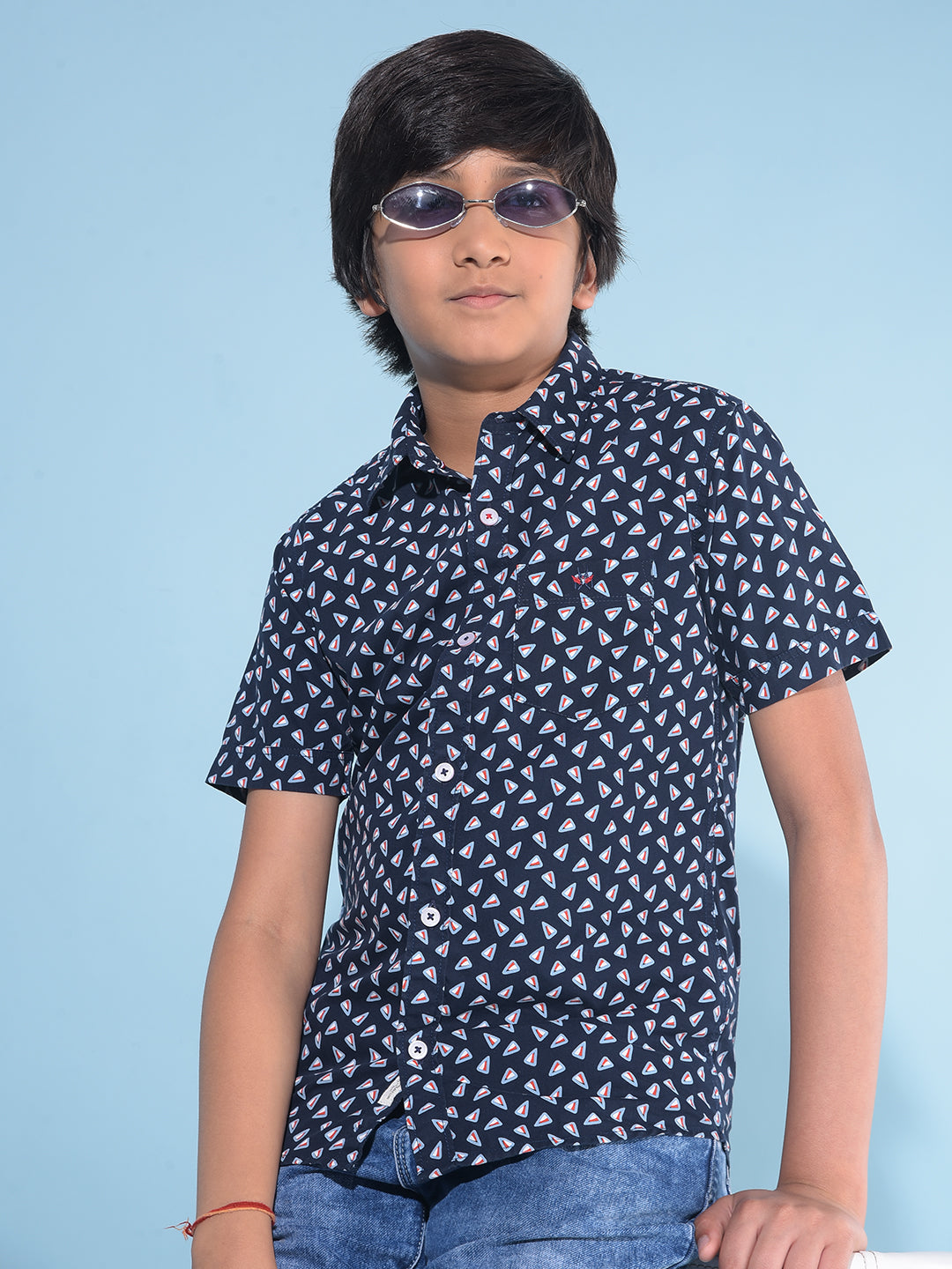 Navy Blue Printed 100% Cotton Shirt-Boys Shirts-Crimsoune Club