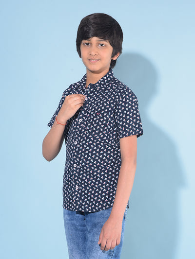 Navy Blue Printed 100% Cotton Shirt-Boys Shirts-Crimsoune Club