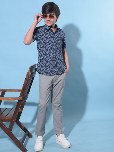 Navy Blue Printed 100% Cotton Shirt-Boys Shirts-Crimsoune Club