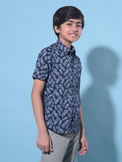 Navy Blue Printed 100% Cotton Shirt-Boys Shirts-Crimsoune Club