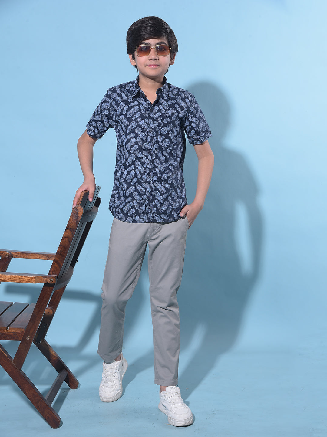 Navy Blue Printed 100% Cotton Shirt-Boys Shirts-Crimsoune Club