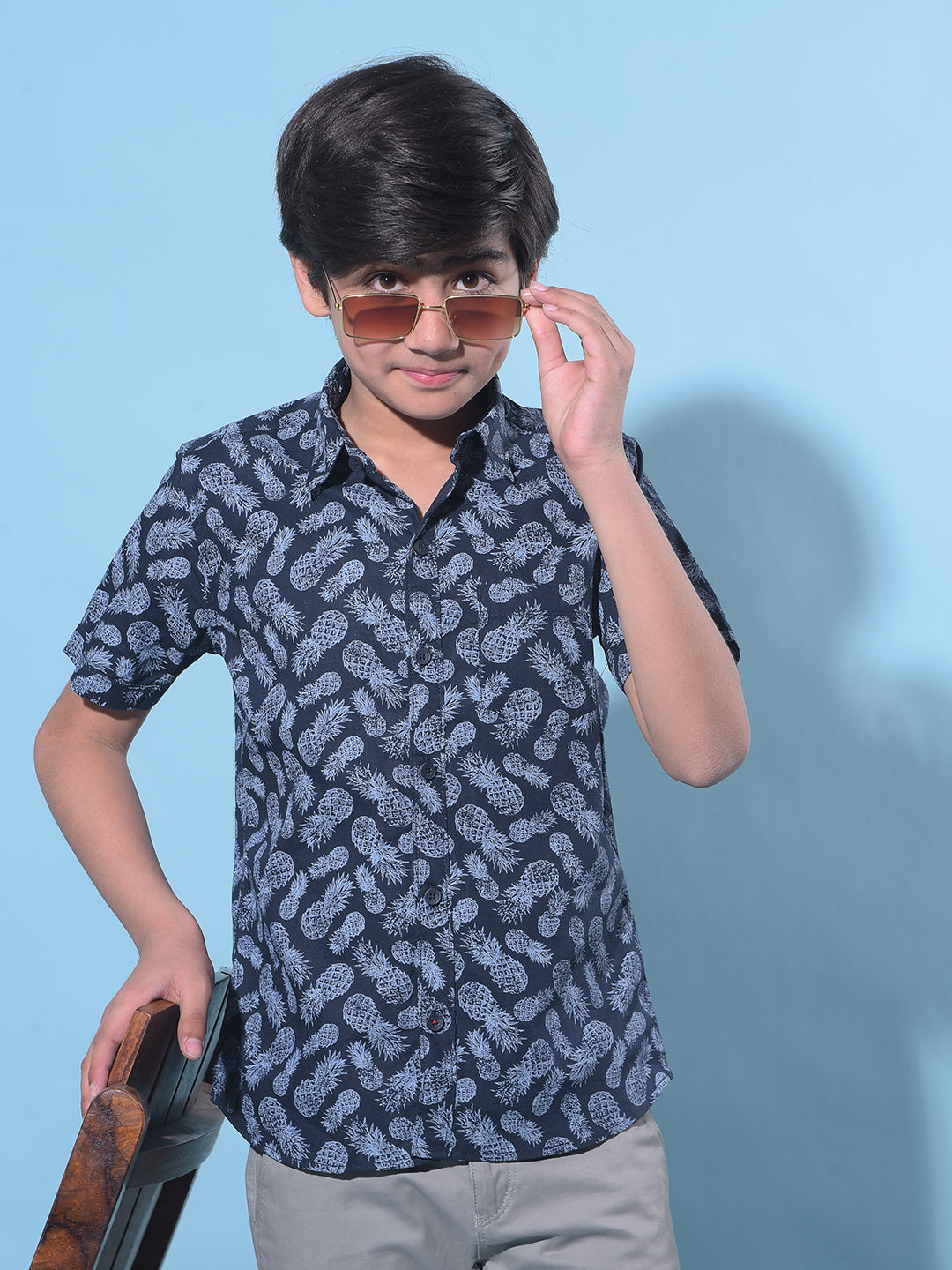 Navy Blue Printed 100% Cotton Shirt-Boys Shirts-Crimsoune Club