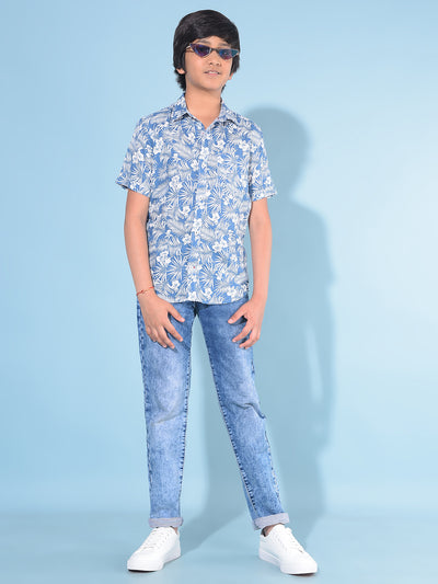 Blue Floral Print Linen Shirt-Boys Shirts-Crimsoune Club