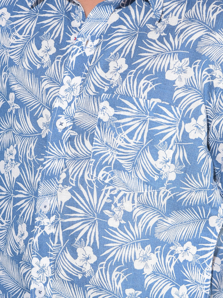 Blue Floral Print Linen Shirt-Boys Shirts-Crimsoune Club