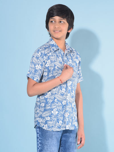 Blue Floral Print Linen Shirt-Boys Shirts-Crimsoune Club