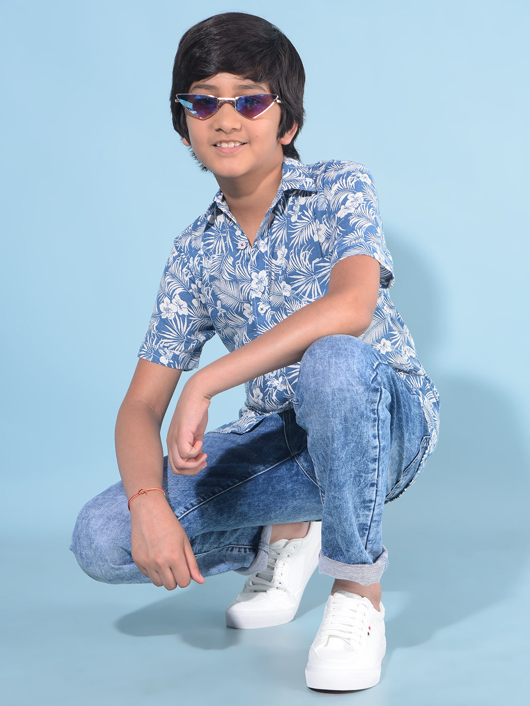 Blue Floral Print Linen Shirt-Boys Shirts-Crimsoune Club