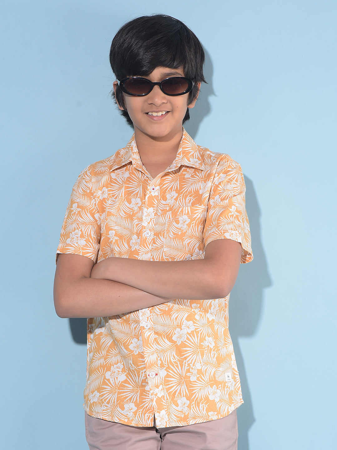 Orange Floral Print Shirt-Boys Shirts-Crimsoune Club