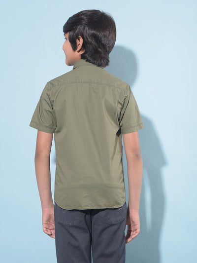 Olive Typographic Printed 100% Cotton Shirt-Boys Shirts-Crimsoune Club