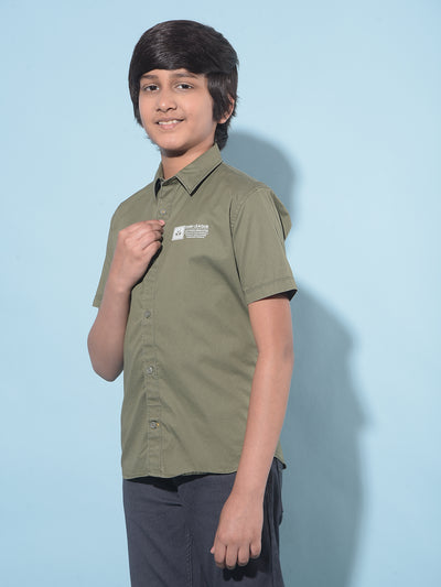 Olive Typographic Printed 100% Cotton Shirt-Boys Shirts-Crimsoune Club